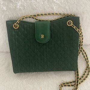 Bally Dark Green genuine Horse hair. Shoulder Bag with Gold Chain. EUC